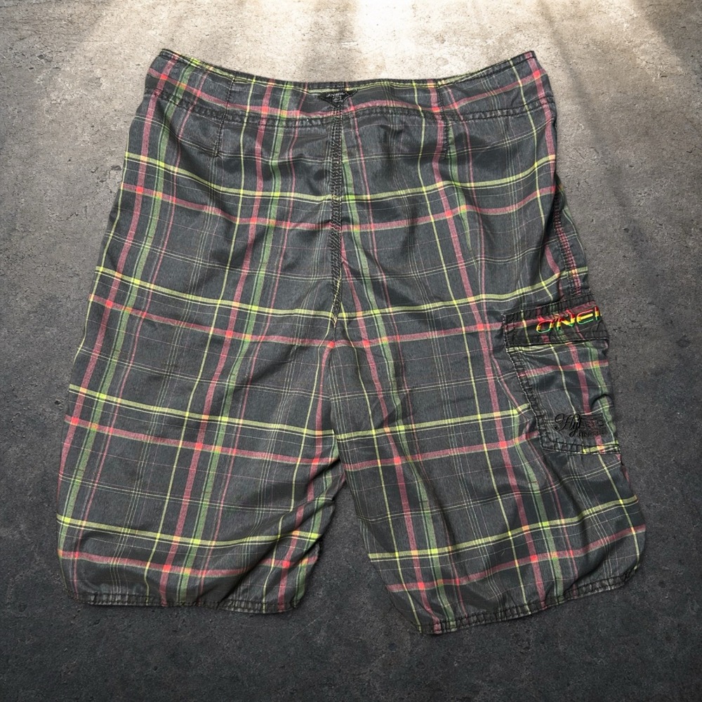 O'Neill Plaid Board Shorts Mens 30 Skater Retro Y2K Cargo Swim Trunks Charcoal
